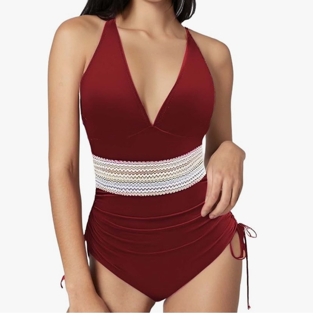 Retro One Piece Cinched Sides Deep V Neck